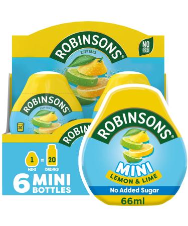 Robinsons Mini Sans sucre ajout Faible teneur en calories Citron et citron vert Pour 20 boissons par paquet 6 x 66 ml Jaune Citron/Vert Anis