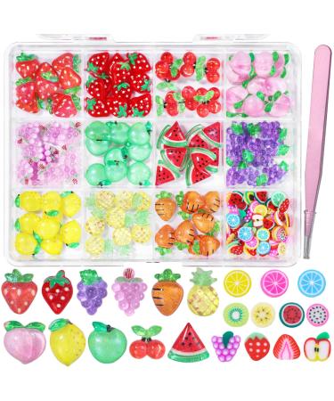 3D Fruit Cartoon Nail Charms Assorted Grapes Peach Green Watermelon Lemon Cherry Strawberry Pineapple Carrot Fruits Nail Art Charms Color Slices Nail Charms with Pickup Tool DIY Nails Decor