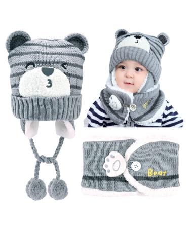 GLAITC Baby Caps Winter 46-50cm Baby Hats Newborn with Scarf Warm & Soft Beanie Hats Toddler Hats Boys Baby Girl Winter Caps Toddler Winter Hat Knitted Hats for Autumn Winter Unisex 6-24 Months One Size Grey