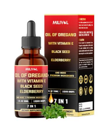 MILIVOL 7in1 Oregano Oil Drops with Black Seed Drops, Elderberry, Turmeric, Ginger & Ceylon Cinnamon Wellness Support 1 FL Oz 30 Days