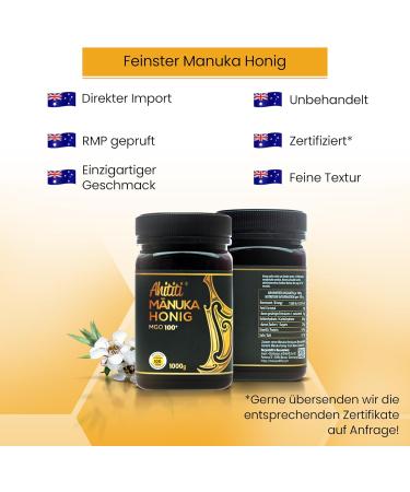 Ahititi MGO Manuka Honey 100+ 1000g filled sealed 100 pure from New Zealand with certified methylglyoxal content natural manuka honey from the manuka plant 100 manuka vegetarian MGO100+ 1000g - Buy Online on GoSupps.com