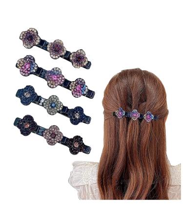Sparkling Crystal Stone Braided Hair Clips 2022 New Braided Hair Clips for Women Satin Fabric Hair Bands with Clips Rhinestone Clover Hair Clip Satin Fabric Hair Clips (Pack of 4)