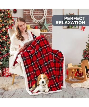 Plaid Sherpa Throw Blanket | Cozy Flannel Fleece | Christmas Blanket 50 x 60 | Dark Red - Buy Online on GoSupps.com