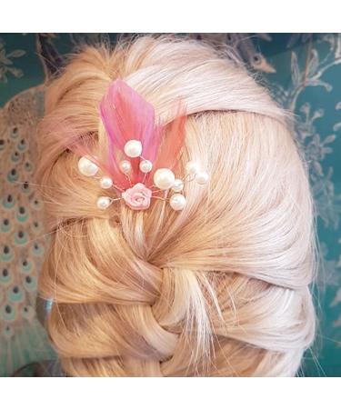 Bridal Bridesmaid Feather Hair Grip Prong Pink and Rose Pink Feathers and Pearl Detail Hair Piece