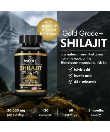Organic Shilajit Capsules - 20 000mg Gold Grade Plus with Fulvic & Humic Acid | 120 Capsules for Energy Stamina & Brain Support - Made in the USA - Buy Online on GoSupps.com