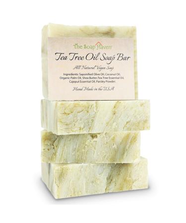 TEA TREE SOAP BAR - 4 Natural Tea Tree Oil Soap Bars for Face  Hand  Foot  Body Wash - Fights Acne  Itch  Body Odor. 4 Large 4.5 oz Bars  Handmade in USA with Non-GMO Ingredients
