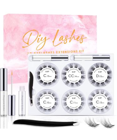 DIY Lash Extension Kit  72 Clusters Volume Lashes Set Soft and Lightweight  C Curl 0.07mm 10-15mm Mixed DIY Eyelash Extension  at Home Lash Extensions Kit with Cluster Lashes Glue and Tweezers