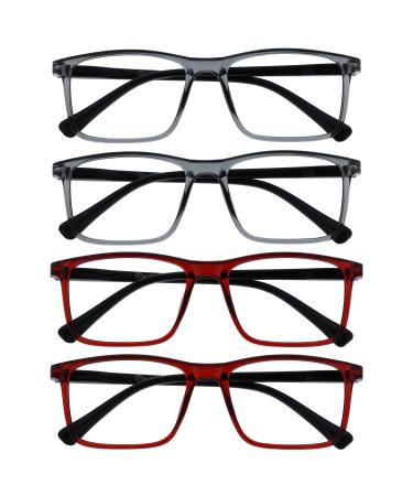 OPULIZE Ink Reading Glasses 4 Pack Large Rectangular Frame Transparent Grey Dark Red Spring Hinges Scratch Resistant Mens Womens RRRR4-77ZZ +2.00