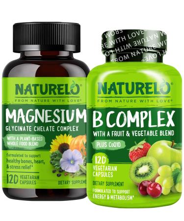 NATURELO Vitamin B Complex with Fruit & Vegetable Blend - 120 Capsules and Magnesium Glycinate Chelate Complex - 120 Capsules Bundle