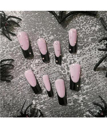 Kotkiddy 24PC Long Press-On Nails - Black French Tips Butterfly Rhinestones & Glossy Coffin Style - Full Cover Stick-On Fake Nails - Buy Online on GoSupps.com