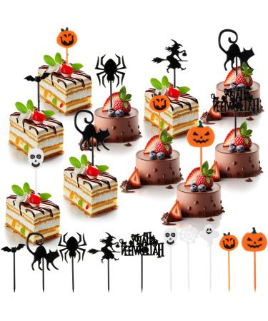 Tioncy 100 Pieces Halloween Plastic Picks Halloween Food Picks Funny Plastic Picks Halloween Cupcake Topper Picks Ghost Pumpkin Spiders Bats Skull Cupcake Toppers for Birthday Themed Party Food Fruit