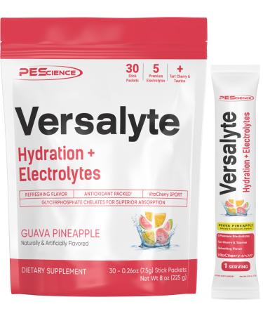 PEScience Versalyte Electrolyte Hydration Packets Sugar Free Electrolyte Powder with Magnesium Taurine Antioxidants Trace Minerals - Guava Pineapple 30 Servings