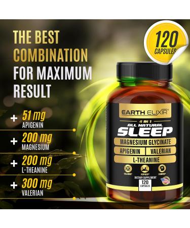 Earth Elixir 4-in-1 Sleep Aid (120 Caps) w/Apigenin 50mg Magnesium Glycinate 200mg L Theanine 200mg & Valerian Root for Sleep Aid 300mg | Apigenin Supplement for Sleep | Sleeping Pills - Buy Online on GoSupps.com