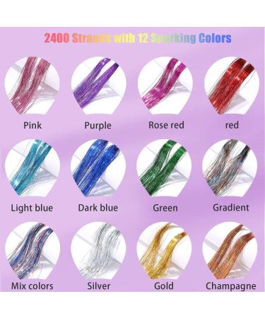 Chostky Hair Tinsel Kit Extensions Fairy Hair Tinsel Strands Kit 12 Colors 2400 Strands 47 Inches Hair Braiding Kit Hair Extentions Accessories for Girls Women Halloween Christmas Cosplay Party - Buy Online on GoSupps.com