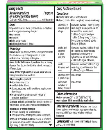 Zyrtec Children's 24 Hour Allergy Grape Chewables - 2.5mg Cetirizine HCl Antihistamine, Dye-Free, 24 Count - Buy Online on GoSupps.com