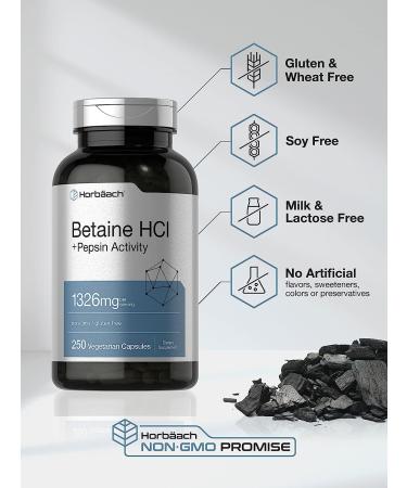 Betaine HCl with Pepsin 1326mg | 250 Capsules | Hydrochloride Supplement with Protease | Non-GMO, Gluten Free, Vegetarian | Horbaach - Buy Online on GoSupps.com