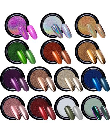Duufin 14 Colors Chrome & Holographic Nail Powder Set with 14 Eyeshadow Pins - Aurora & Chameleon Effects for Stunning Nail Art - Buy Online on GoSupps.com