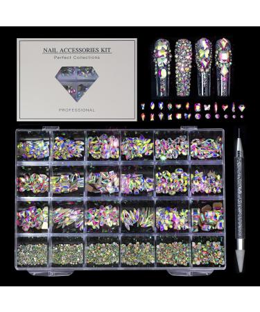Nail Gems Multi Shapes Rhinestone Flatback Gems Accessories Kit - Round Crystal Rhinestones Kit Iridescent Ab Charm Bead Manicure Decoration with Pickup Pencil Huyath
