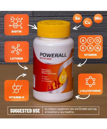 U.S. Health Club PowerAll Adult Multivitamin for Men & Women Daily Immune Energy & Metabolism Support with Vitamin D3 B Vitamins Antioxidants L-Glutathione & Lutein 30 Tablets (1 Pack) - Buy Online on GoSupps.com