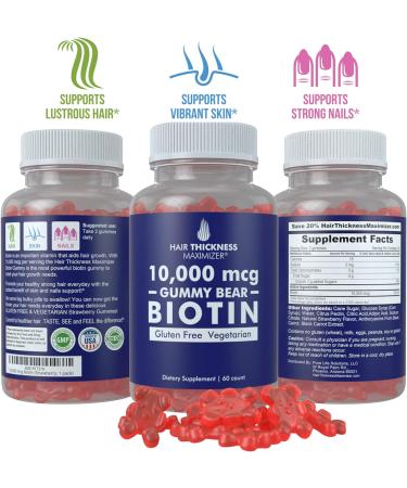 Hair Thickness Maximizer Biotin 10000mcg Gummies - Vegetarian, Gluten Free Gummy Bears - Hair Growth Vitamin for Men and Women - Combats Hair Loss & Thinning - Strawberry Flavor - 60 Count - Buy Online on GoSupps.com