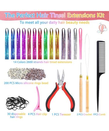Mckanti 14 Colors Hair Tinsel Kit with Tool - 2800 Strands Fairy Hair Extensions for Women & Girls - Sparkling Shiny Colorful Synthetic Hair for Party & Daily Fashion - Buy Online on GoSupps.com