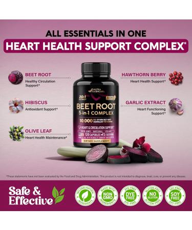 Beet Root 5-in-1 Complex Capsules - Healthy Blood Pressure Support Supplement** for Heart & Circulation Support - Olive Leaf Hawthorn Berry & Hibiscus - for Men & Women - Made in USA 120 Capsules 120 Count (Pack of 1) - Buy Online on GoSupps.com
