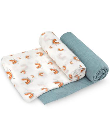 Fern & Avery Swaddle Blankets - Baby Blankets - Gender Neutral Muslin Swaddles for Baby Boy or Baby Girl - Newborn Essential Receiving Blankets - Swaddle Set of 2 - Rainbow Blue