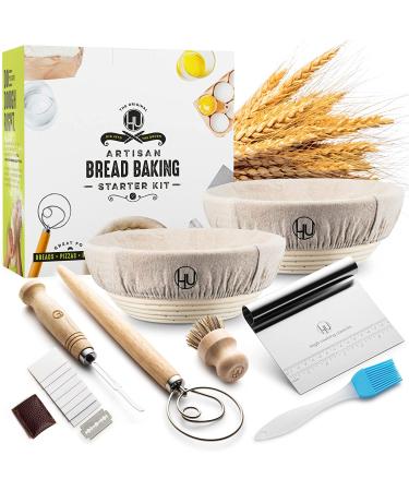 Sourdough Start Kit - Sourdough Bread Baking Supplies 2 Banneton Bread Proofing Basket Bowls, 2 Cloths, Whisk, Bread Lame, Dough Scraper, 2 Brushes - Sourdough Starter Kit Bread Making & Baking Tools