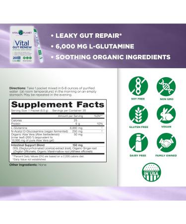Vital Planet Gut Renew Powder Supplement - Leaky Gut Repair with L-Glutamine Marshmallow Ginger & Aloe Vera | 20 Single Serve Packs | International Shipping Available - Buy Online on GoSupps.com