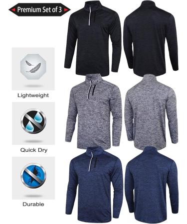 Men's Performance Quarter Zip Pullovers 3-Pack with Pockets | Quick Dry Active Long Sleeve Shirts - Black/Gray/Navy | 3X-Large - Buy Online on GoSupps.com