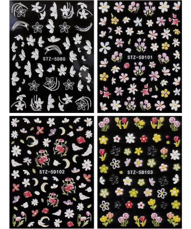 JMEOWIO 3D Embossed Flower Nail Art Stickers Decals Self-Adhesive 5D Spring Summer Colorful White Floral Nail Supplies Nail Art Design Decoration Accessories 4 Sheets - Buy Online on GoSupps.com