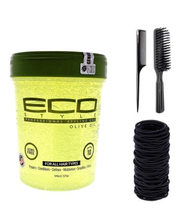 Eco Style Styling Gel, Olive Oil Gel 32 Ounce (Including Handle Nylon Bristle Hair Brush, Bone Tail Rat Tail Hair Comb, 24 Piece Black Hair Ties Ponytail Holders) Eco Styler Olive Oil Gel Styling Gel with Olive Oil Hair St…