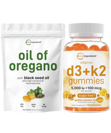 Micro Ingredients Vitamin D3 K2 Gummies & Oil of Oregano Softgels | Bundle | Sugar-Free Golden Passion Fruit Flavor | 5 000 IU D3 + 100 mcg K2 MK-7 | 4X Strength Carvacrol & Thymoquinone