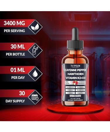 Tenmido 12in1 Cayenne Pepper Drops - Extract Liquid Supplement with D3 K2 Hawthorn Berry Beet Root Berberine HCl Marshmallow Root Ceylon Cinnamon Turmeric Apple Cider Vinegar & More - 1 Fl Oz - Buy Online on GoSupps.com
