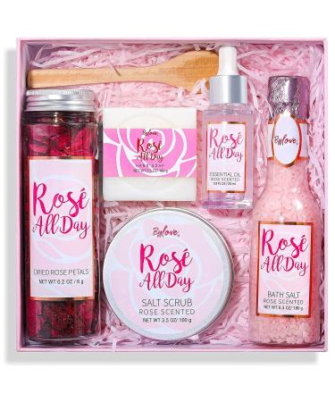 Rose Spa Gift Set for Women - Essential Oil Bath Set with Salt Scrub, Soap & Petals - Mother's Day Gift Box - BFFLOVE 6Pc Dried Floral - Buy Online on GoSupps.com