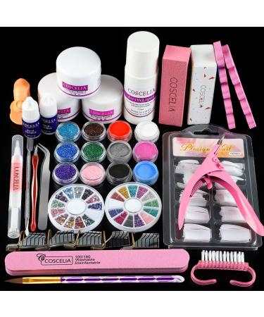 Acrylic Nail Kit for Beginners, Professional 3 Colors Acrylic Powder and Liquid Set with 12 Glitter Powder, Nail Tips Acrylic Nail Supplies for Nail Extension and Decoration 3D Manicure DIY Acrylic Nails 147