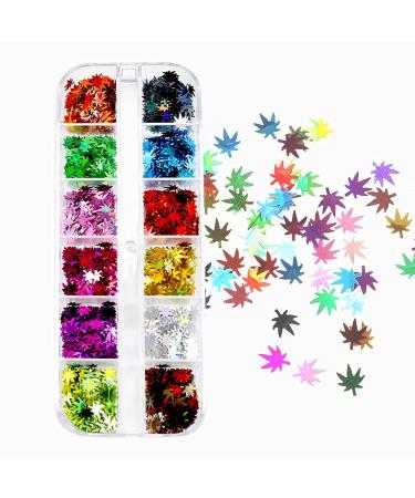 Leaves Nail Art Glitters, Holographic 12 Colors Leaf Nail Sequins for Acrylic Nails,3D Nails Flakes Fall Leaves Paillette Confetti, Laser Sparkle for DIY Craft Decoration Party Festival,Makeup