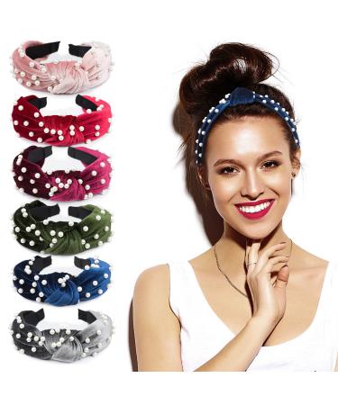 EAONE Pearl Headbands 6 Colors Knotted Headbands for Women Fashion Turban Headband Hair Bands Wide Headbands Accessories for Girls with 1 Pouch Bag Deep Colors
