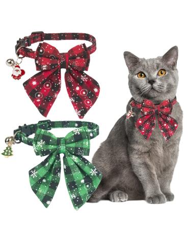 ADOGGYGO Christmas Cat Collars Breakaway with Stylish Bow, 2 Pack Red Green Plaid with Snowflake Christmas Kitten Collar with Bell, Removable Bowtie Cat Christmas Collar for Cats Kittens