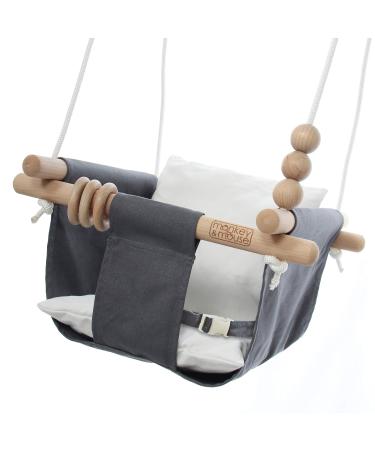 Monkey & Mouse Baby Swing Seat, Secure Canvas and Wooden Hanging Swing Chair for Baby, Infant, Toddler, Kids Toys - Indoor and Temporary Outdoor Hammock for Indoor Playground, Tree Swings or Backyard Grey and White