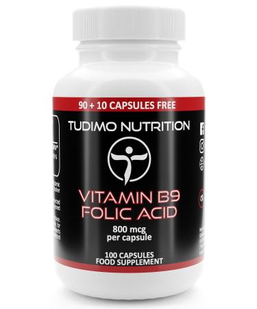Vitamin B9 Folic Acid 800mcg Capsules - 100 pcs (3+ Month Supply) of Rapidly Disintegrating Capsules Each with 800 mcg of Premium Quality & Pure VIT B-9 Folic-Acid Powder