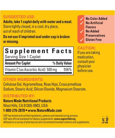 Nature Made Vitamin C with Rose Hips 500 mg - 130 Caplets for Immune Support - Buy Online on GoSupps.com