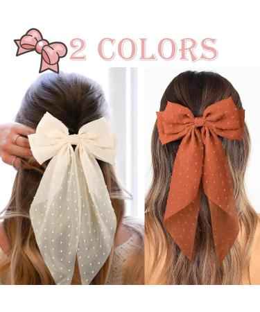 2 Pcs Big Hair Bow Hair Bows For Women Bow Hair Clip Elegant French Barrette Bows For Hair With Long Polka Dot Bow Hair Barrettes Accessories Bow Hair Clips For Women Girls(Orange red+Cream) - Buy Online on GoSupps.com