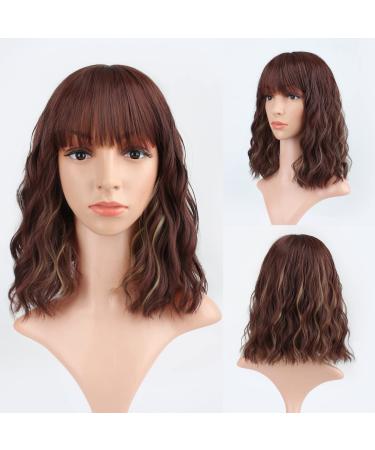 FAELBATY Short Brown Wig Highlight Gold Wigs With Bangs Women's Reddish Brown Mixed Blonde Bob Wig Curly Wavy Synthetic Cosplay Wig Shoulder Length Wig for Girl's Costume Wigs (12 Inches 33/27) T33/27