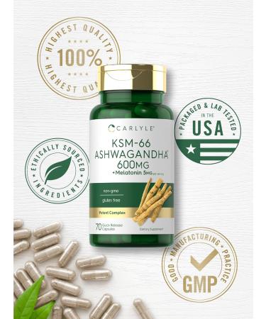 Carlyle KSM-66 Ashwagandha Capsules 600mg | 70 Count | with Melatonin 5mg | Potent Complex | Non-GMO Gluten Free - Buy Online on GoSupps.com