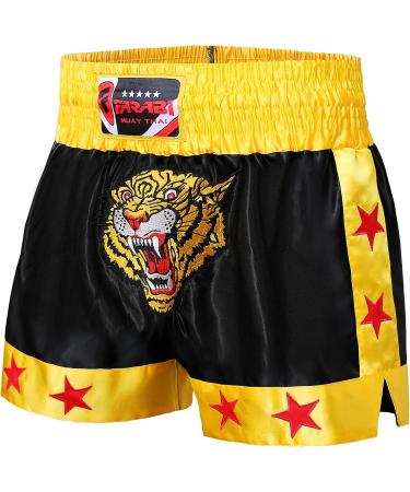 Muay Thai Kick Boxing Training Shorts - Satin Black Gold Tiger Embroidery, X-Small - Buy Online on GoSupps.com