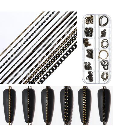 NICENEEDED 12 Strips Metal Nail Art Chains Black Nail Jewelry Chains with Box Alloy Nail Chains Punk Nail Charms Nail Ornaments Nail Jewels Nail Art Studs for Manicure Decoration