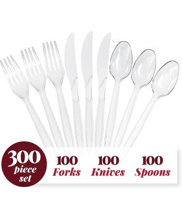300 ct Disposable Plastic Silverware Set | Clear Cutlery Utensils | 100 Forks, 100 Spoons, 100 Knives | Heavy Duty Bulk Flatware - Ideal for Parties & Events - Buy Online on GoSupps.com