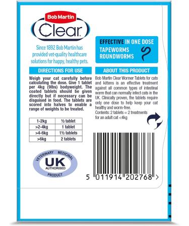 Bob Martin Clear Wormer for Cats - 2 Tablets | Clinically Proven Treatment for Kittens - Buy Online on GoSupps.com