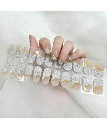 Semi Cured Gel Nail Wraps 22Pcs Glitter Silver Gel Nail Polish Strips Self-Adhesive Gold Lines Gel Nail Stickers Salon-Quality French Manicure Kit with with 2 Prep Pads Nail File & Wooden Stick